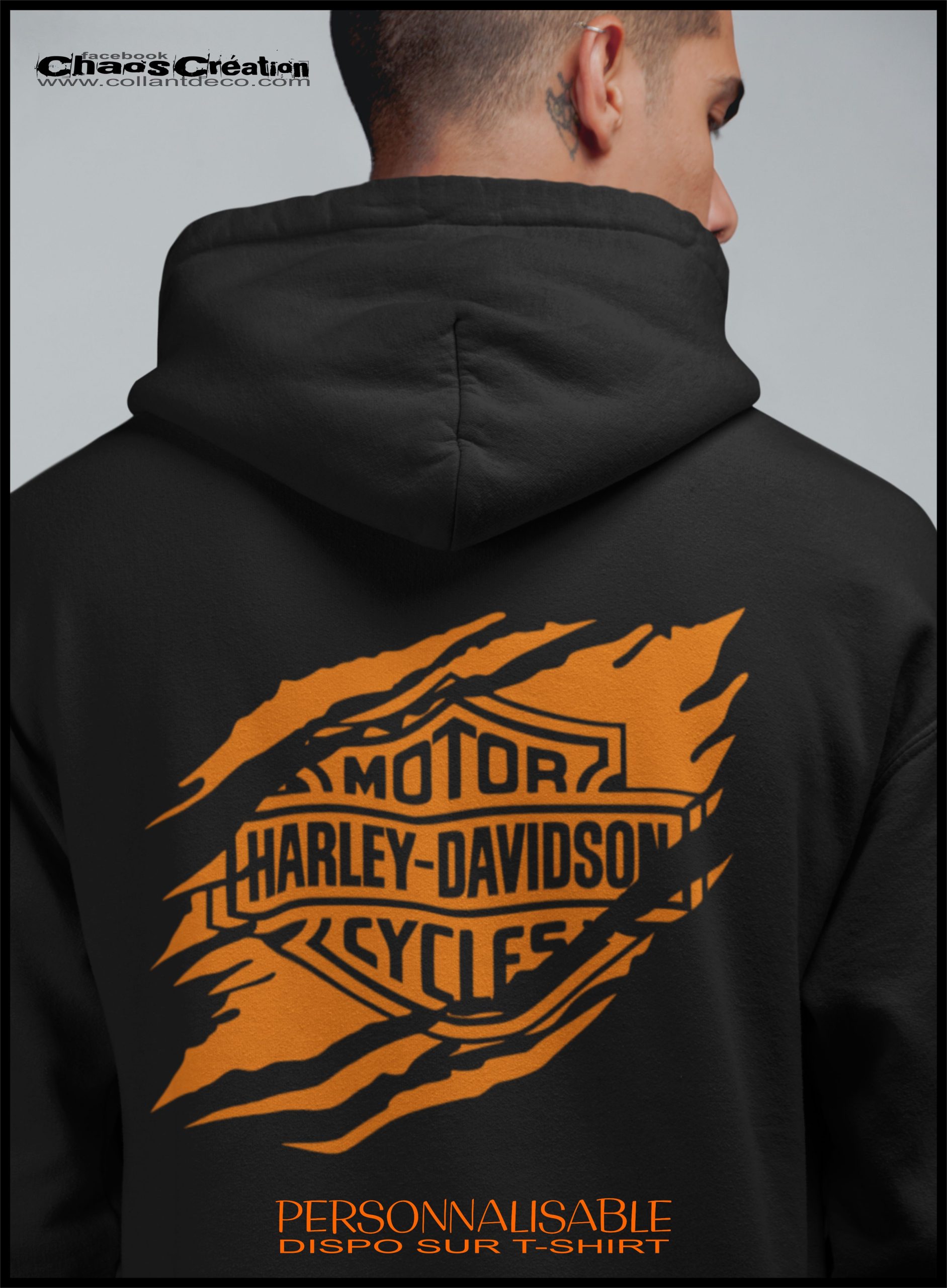 HOODIE HOMME DOS HARLEY DECHIRER ORANGE