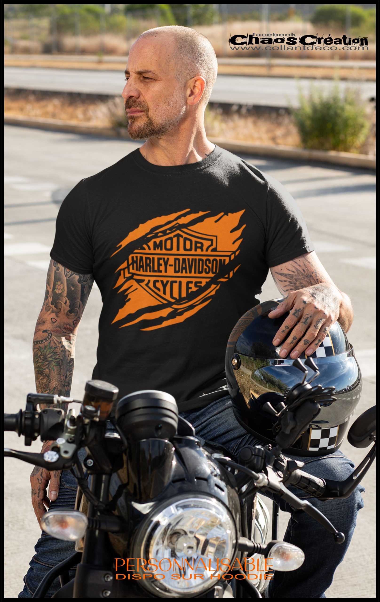 homme t shirt noir devant orange harley dechirer