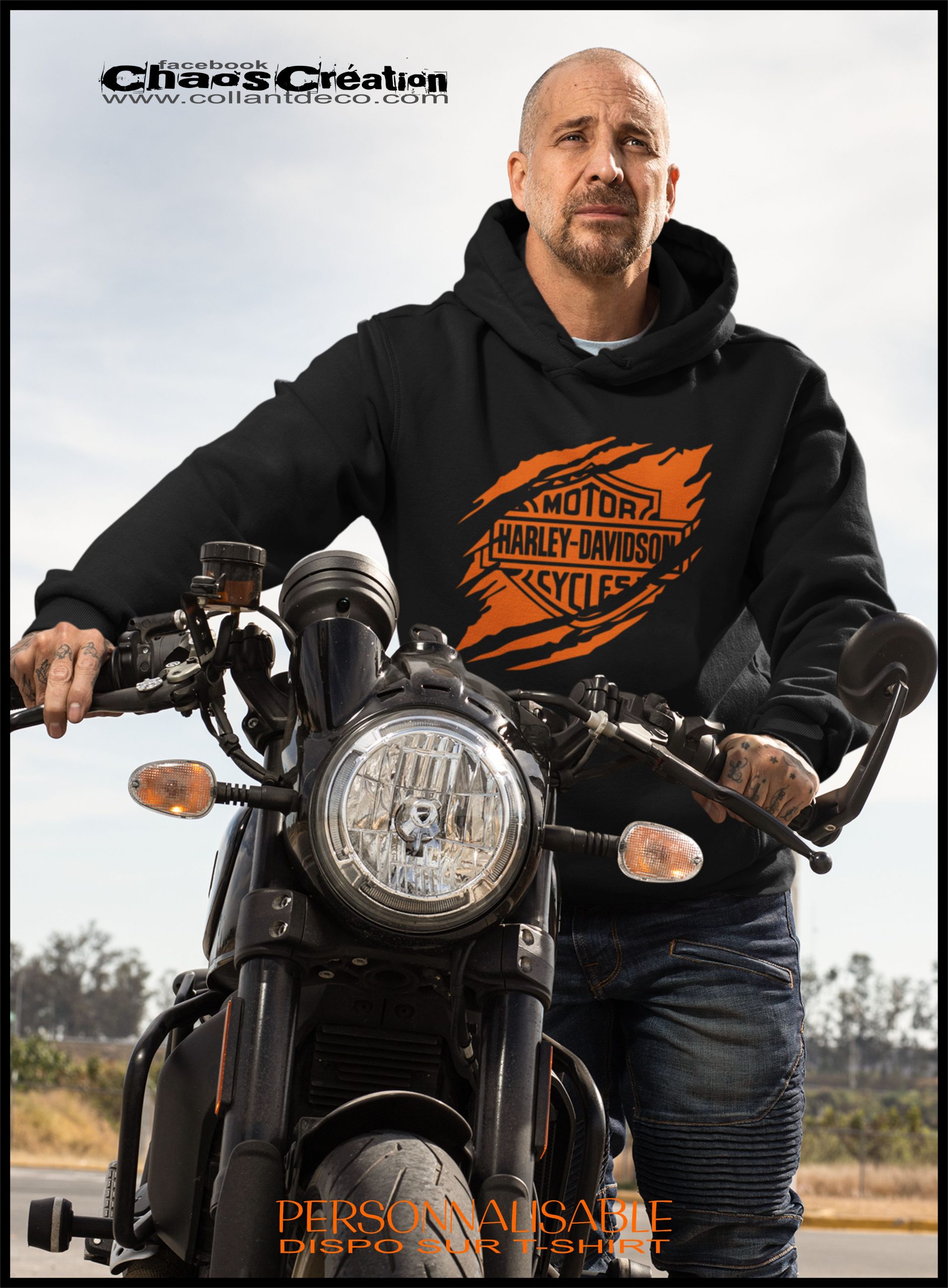 hoodie noir homme devany harley orange dechirer